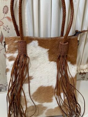 American Darling Western Cowhide Leather Tote Bag Fringe Shoulder Handbag Brown
